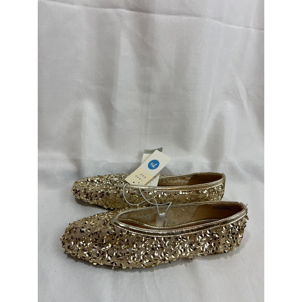 A‎ New Day Gold Sequin Ballet Flats Womens 7.5 Metallic Sparkle Slip On Shoes